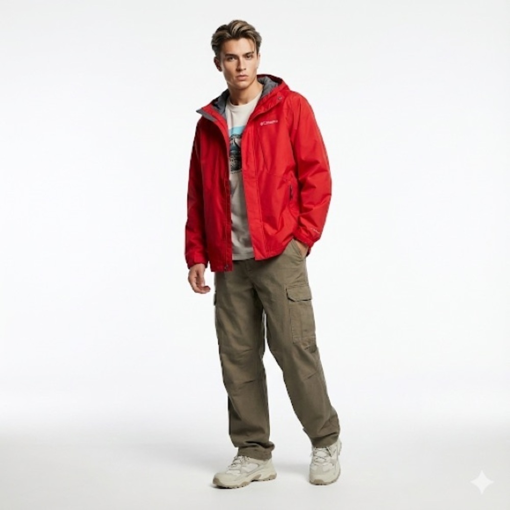 Columbia Waterproof Shell Jacket Omni Tech Hooded Red Gray Men M